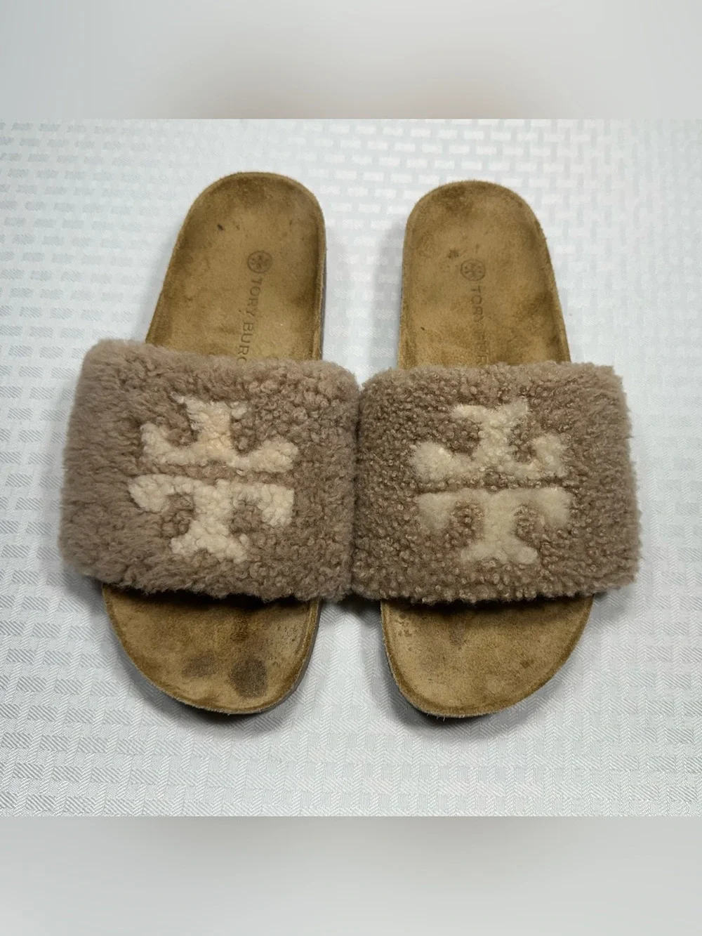 Tory Burch Slides Size 9.5 Double T Logo Shearling Flatform Almond Sherpa Cork